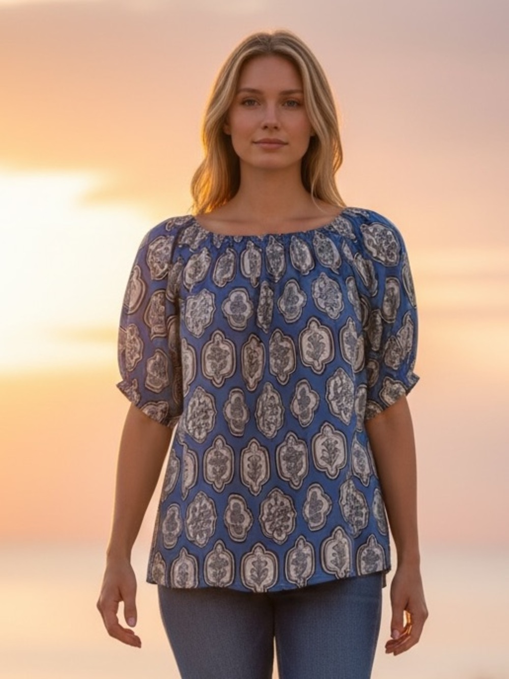 Monsoon Whitney Boho Printed Top Blue Geometric Blouse Sz L LENZING ECOVERO